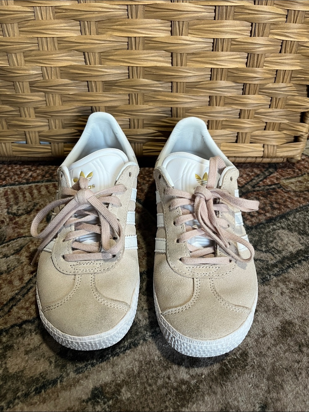 adidas girls light pink Suede Sneakers with White Stripes